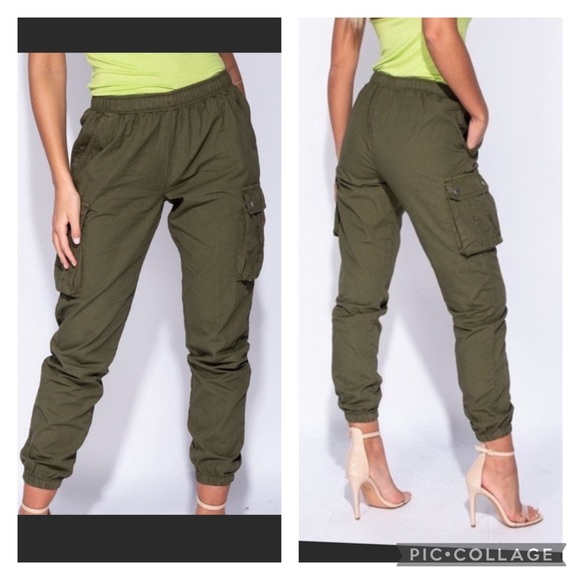 Parisian Works Pants - NWT Olive Cargo Pants with Side Pockets and Elasticated Waist
